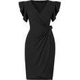 thumbnail image 2 of Oten Women's Deep V-neck Ruffle Edge Sleeves Solid Color Belt Cocktail Party Workwear Slim Fit Pencil Dress, 2 of 4