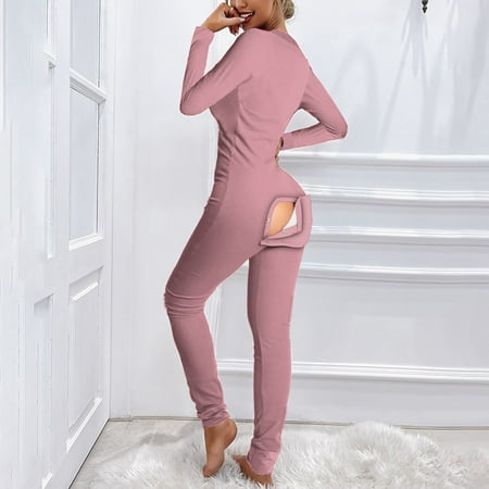 

Lolmot Lounge Sets for Women Plus Size Sexy Deep V Neck Onesies Pajamas Long Sleeve Jumpsuits Solid Button One Piece Sleepwear Rompers with Butt Flap on Clearance