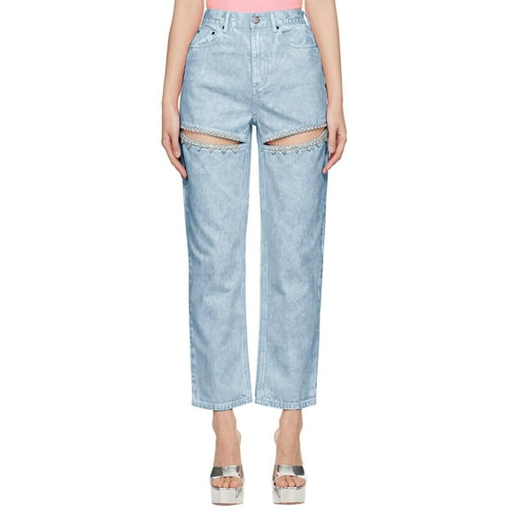 OSOLU Solid Color Women High Waist Denim Jeans Rhinestone Trim Bling Jeans Plus Size Denim Pants Trousers Fashionable Classic Leisure Bottoms