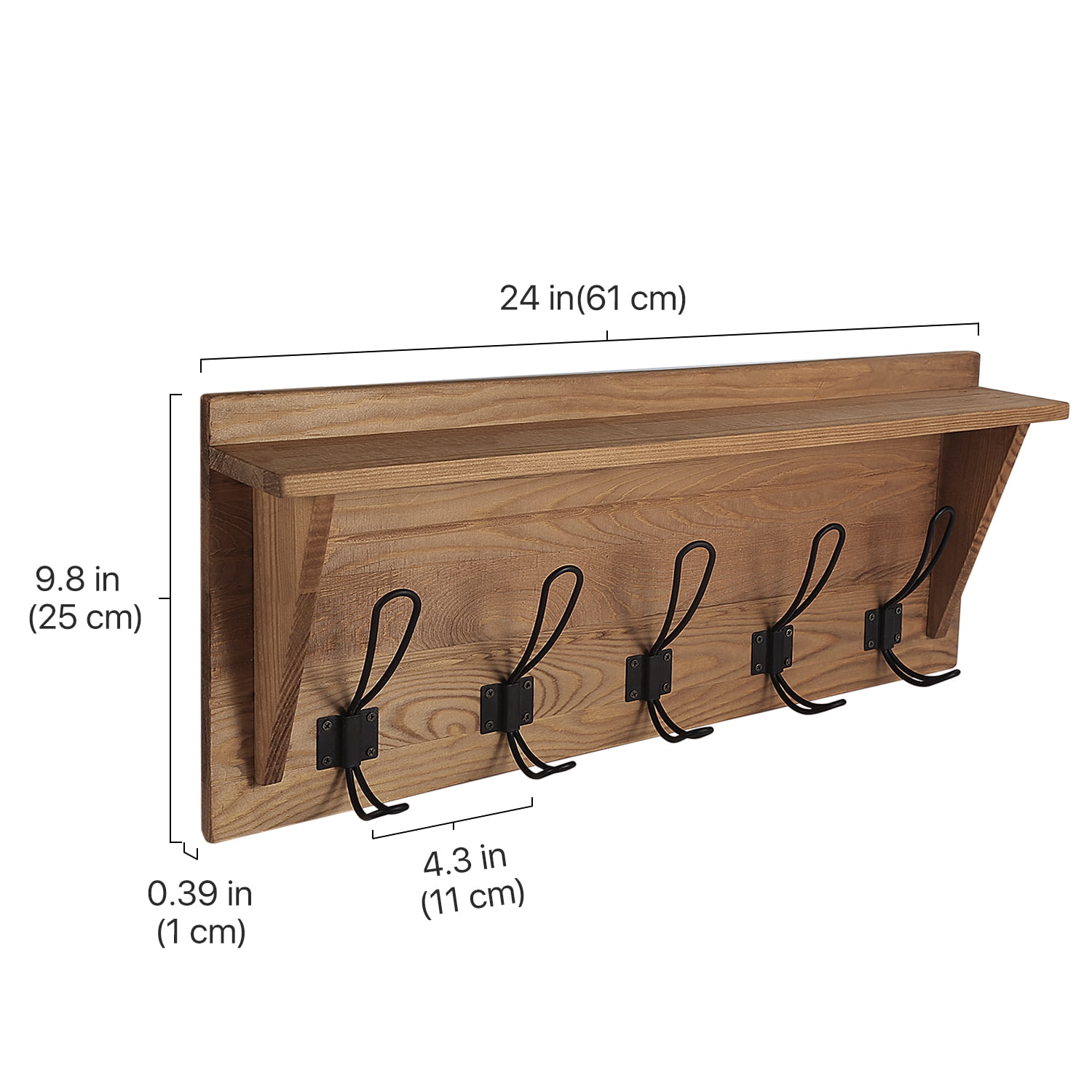 24" Wooden Wall Shelf Floating Coat and Hat 5 Hooks Wall Mounted Entryway Hanger 