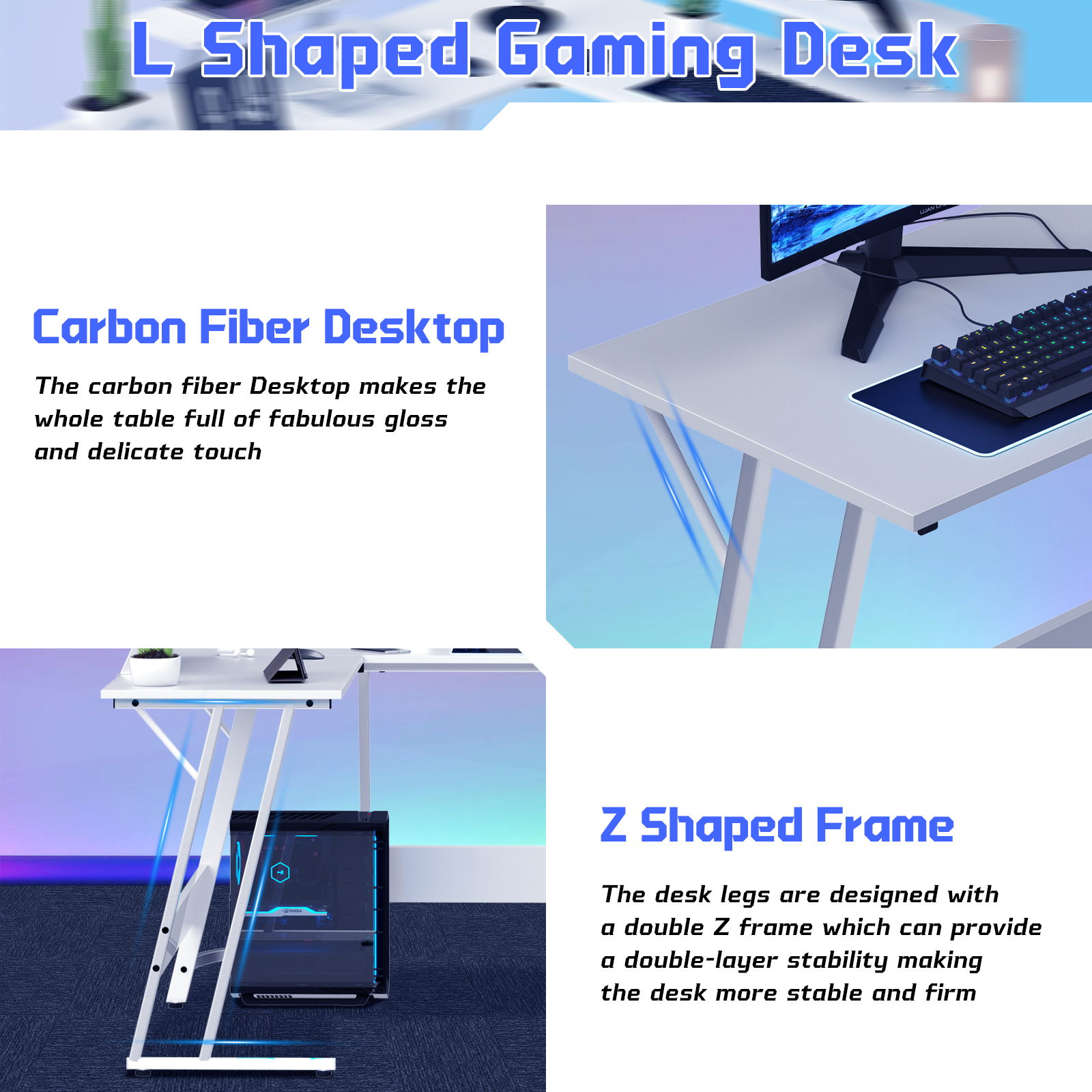 Dkelincs L Shaped Gaming Desk, 50.4" Corner Computer Desk PC Game Table with Monitor Stand Large Desktop for Home Office Study Writing Workstation, White
