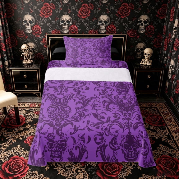 Manfei Halloween Damask Skull Twin Sheets 3pcs, Exotic Style Floral Bedding, Purple Violet Black,1 Fitted Sheet, 1 Flat Sheet and 1 Pillowcase