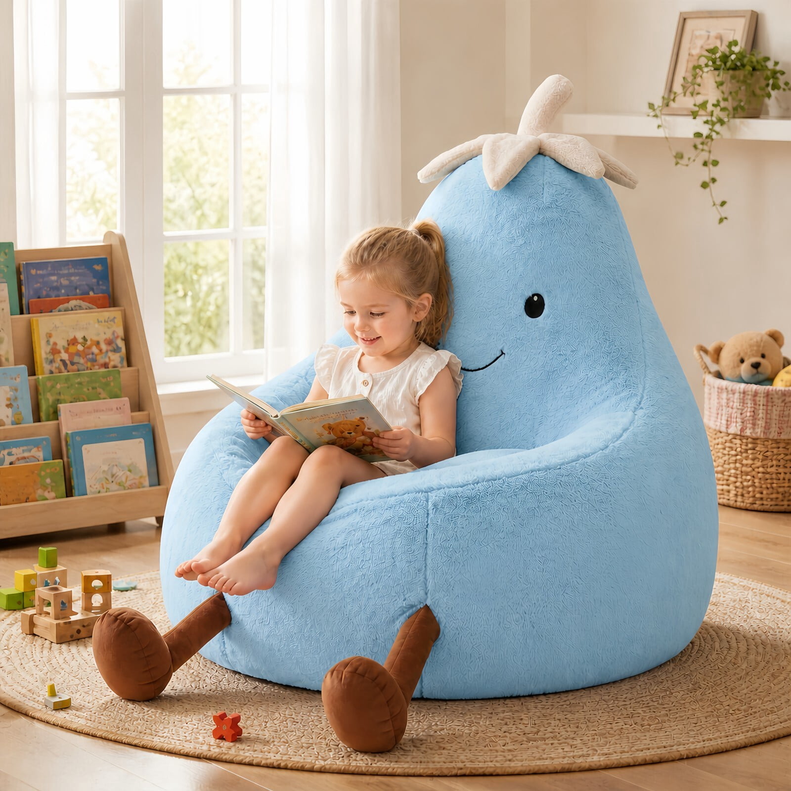 Kelno 24" Kids Bean Bag Chair Faux Rabbit Fur Lazy Chair Toddler Couch, Blue