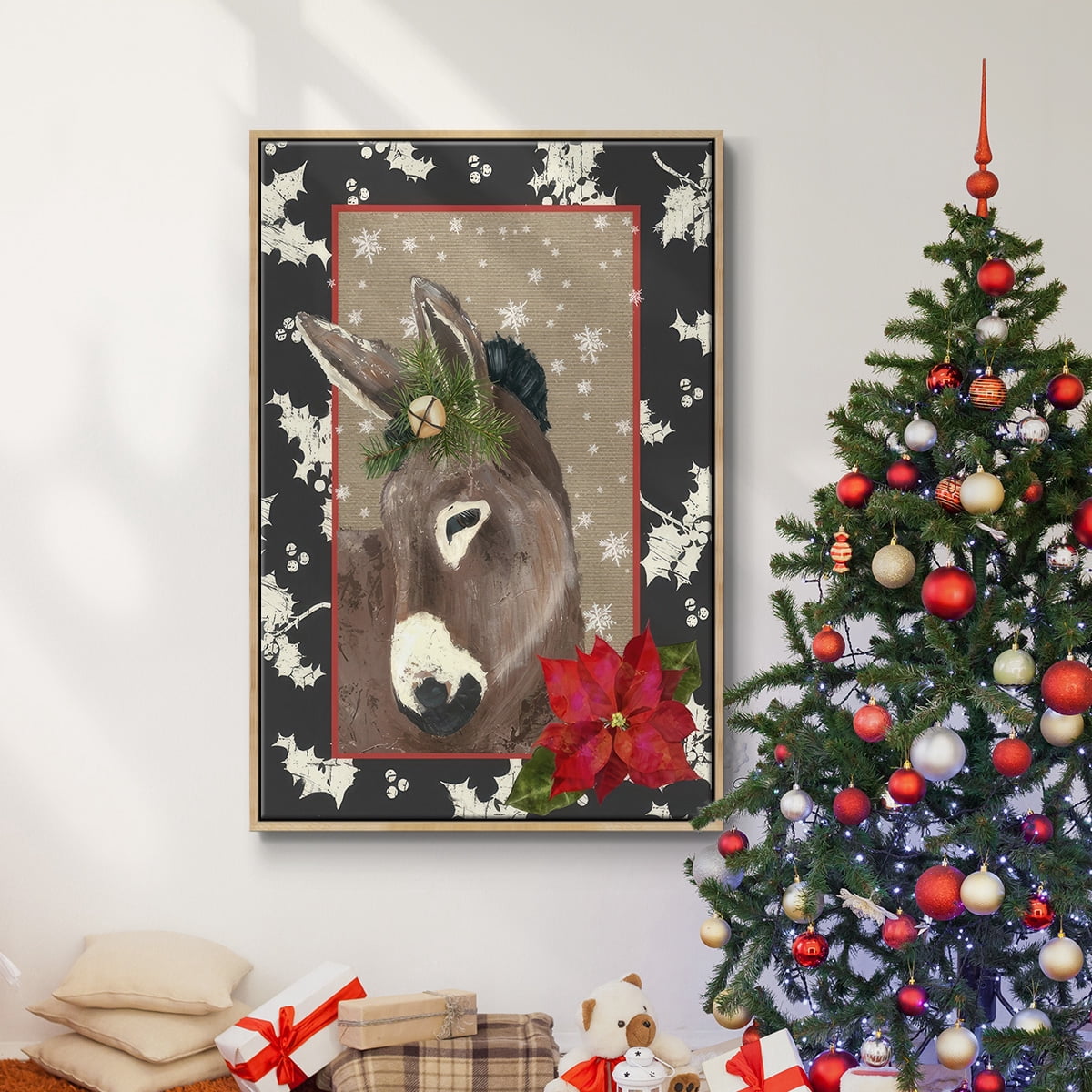 County Christmas Farm III - Framed Gallery Wrapped Holiday Canvas - 27 x 41 - Natural Wood Frame