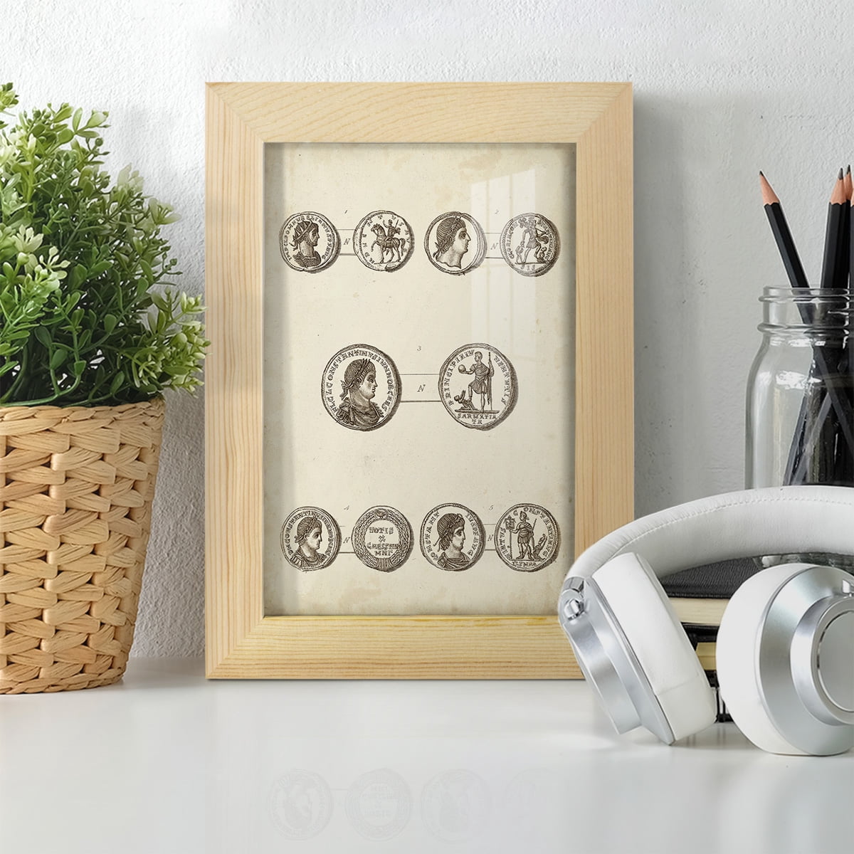 Antique Roman Coins V -Framed Print w/glass-Natural Wood