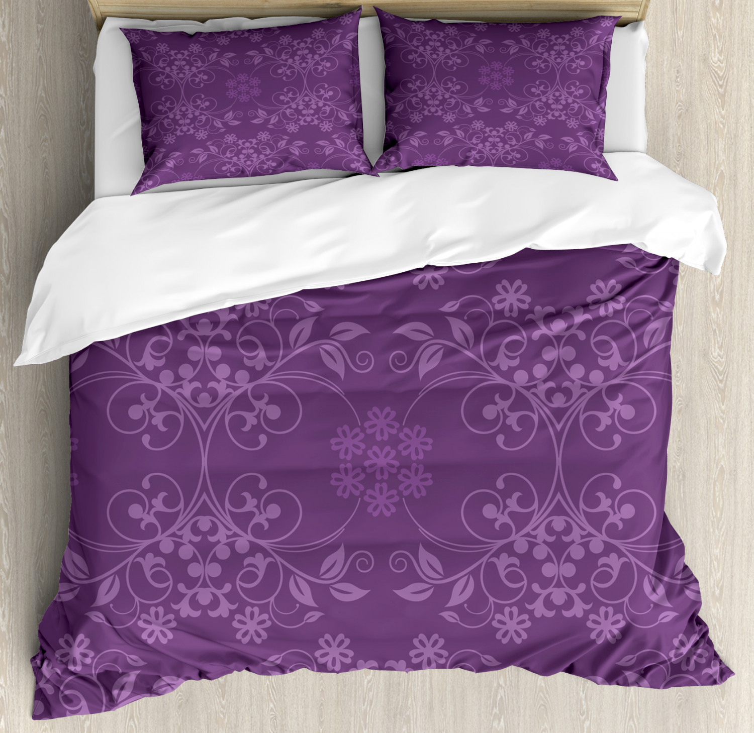 Eggplant Duvet Cover Set King Size, WellFormed Flowers on