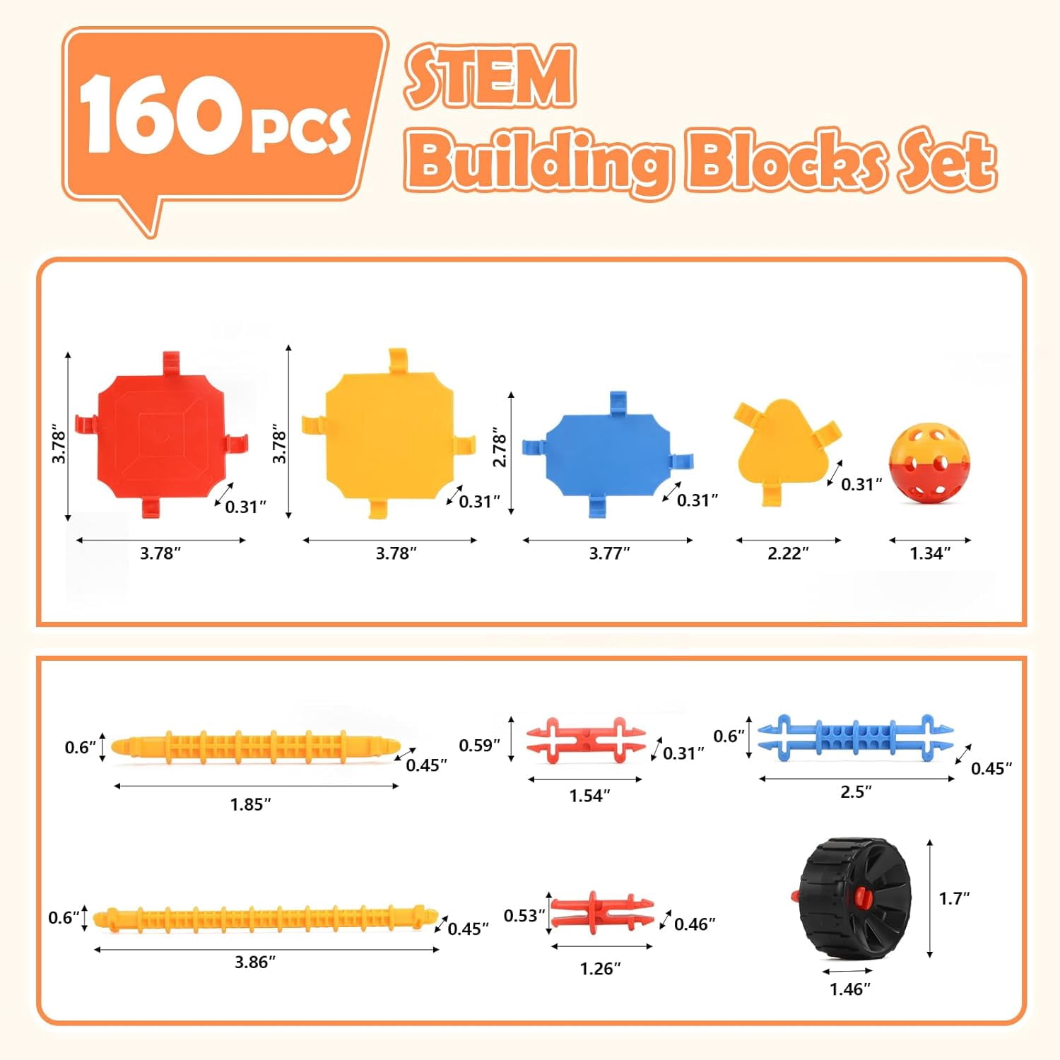 STEM Toys Building Blocks Set, 160 Pieces Construction Building Sets, Preschool Toys for Ages 3+Kids, Creative Inspirational Fun Educational Toys, Blocks Game Kit for Boys and Girls