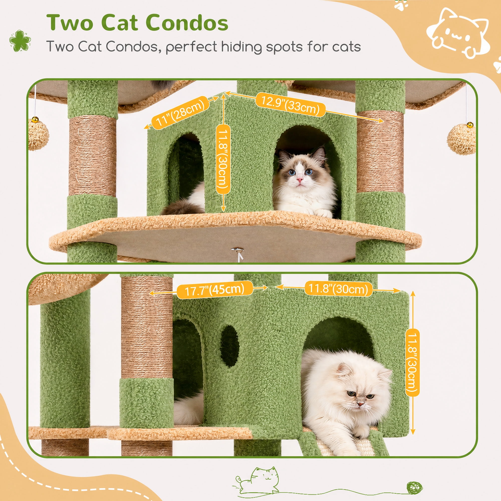 Globlazer 83'' Multi-Level Large Cat Tree Tower for Indoor Cats with Sisal Scratching Post, Hammock & 2 Condos, Green