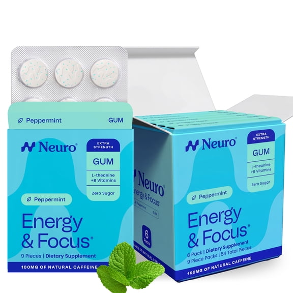 Neuro Energy & Focus Gum Extra Strength 6 Pack - 100mg Natural Caffeine Gum & Nootropic Energy Supplement with L-Theanine & B-Vitamins - Sugar Free, Vegan (54ct)