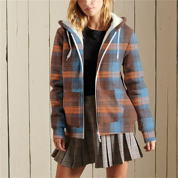AUNVITO Women's Checkered Print Hooded Windbreaker with Pockets, Drawstring & Zipper Casual Loose Fit Jacket