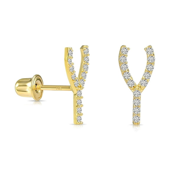 Tilo Jewelry 14K Yellow Gold Pave Wishbone Stud Post Earrings with Cubic Zirconia CZ Stones | Secure Screw-Backs | Dainty Everyday Earrings for Women & Unisex