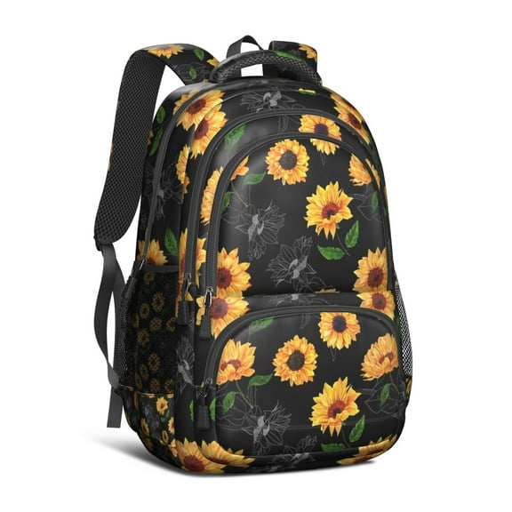 Black Sunflower Backpack for School,Cute School Bag,Schoolbag with Adjustable Shoulder Straps & Padded Back,16.9 Inch