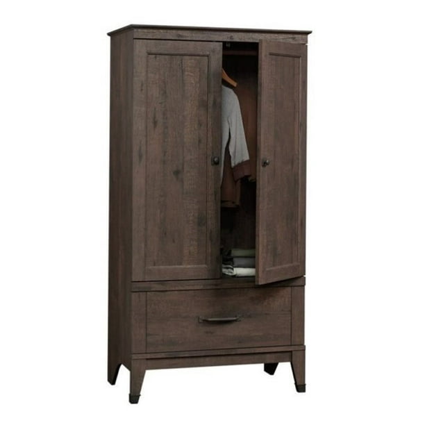 Pemberly Row Armoire Wardrobe Closet with Hanging Rod in Coffee Oak
