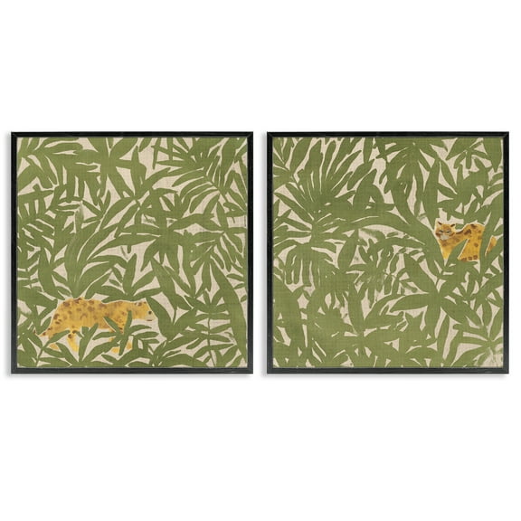 Stupell Industries Hunting Jungle Cat Plants & Flowers Painting Black Framed Art Print Wall Art, 12 x 12, Set of 2