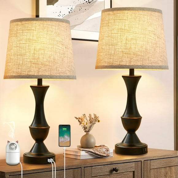 Natyswan Touch Lamps for Bedrooms Set of 2, Bedside Lamp with Dual USB Charging Ports, 3 Way Dimmable Nightstand Lamps with Premium Linen Fabric Lampshade for Bedroom, Living Room (Bulb Included)