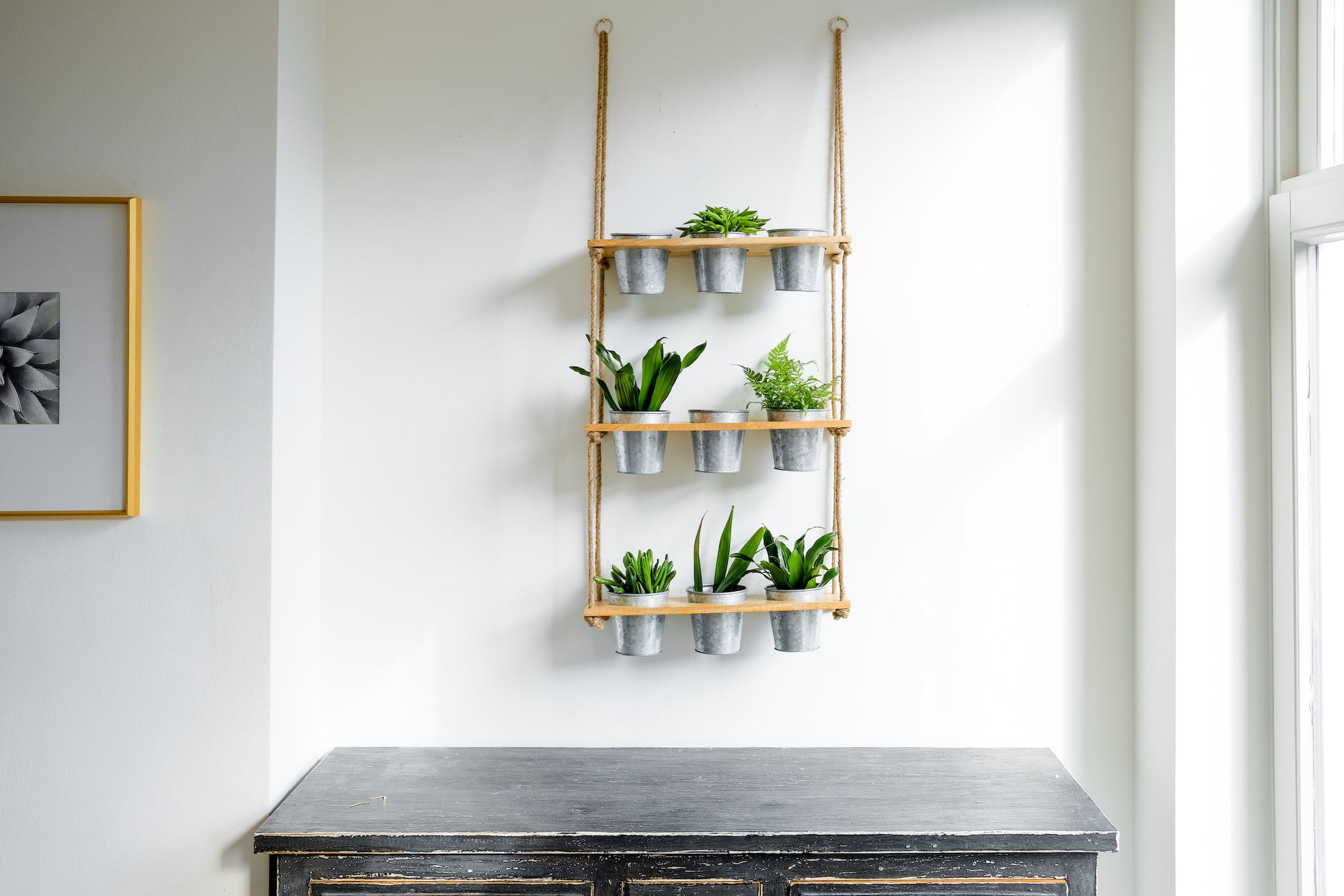 Wall Hanging Herb Planters, 3 Tiered Vertical Planter Shelf with Metal Pot Set, Indoor Garden, Wood Herb Garden for Kitchen, Vertical Hanging Planters Wall Hanging- Parent (Galvanized)