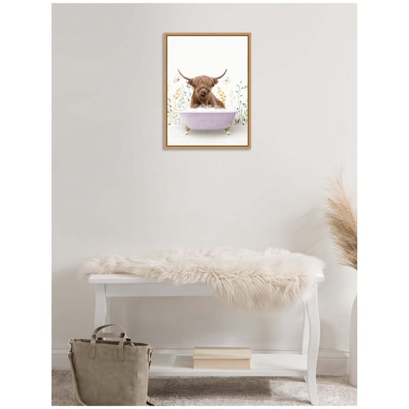 Kate and Laurel Highland Cow in Spring Bathtub Framed Canvas Wall Art by Amy Peterson 18 x 24 Sylvie Natural, Whimsical, Animals, Bathroom, Flowers Art for Wall Decor, Living Room, Bedroom
