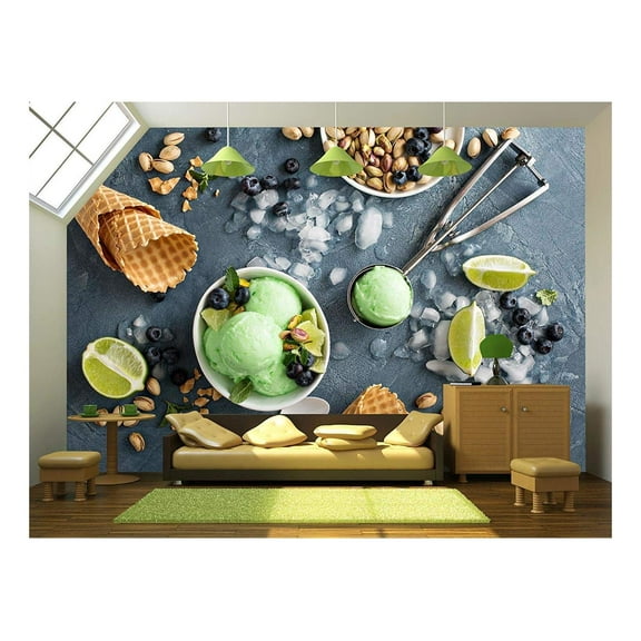 wall26 - Green Refreshing Lime Pistachio Ice Cream in White Bowl Overhead Shot - Removable Wall Mural | Self-Adhesive Large Wallpaper - 100x144 inches