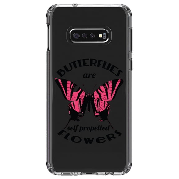 DistinctInk Clear Shockproof Hybrid Case for Samsung Galaxy S10e (5.8" Screen) - TPU Bumper Acrylic Back Tempered Glass Screen Protector - Butterflies are Self Propelled Flowers