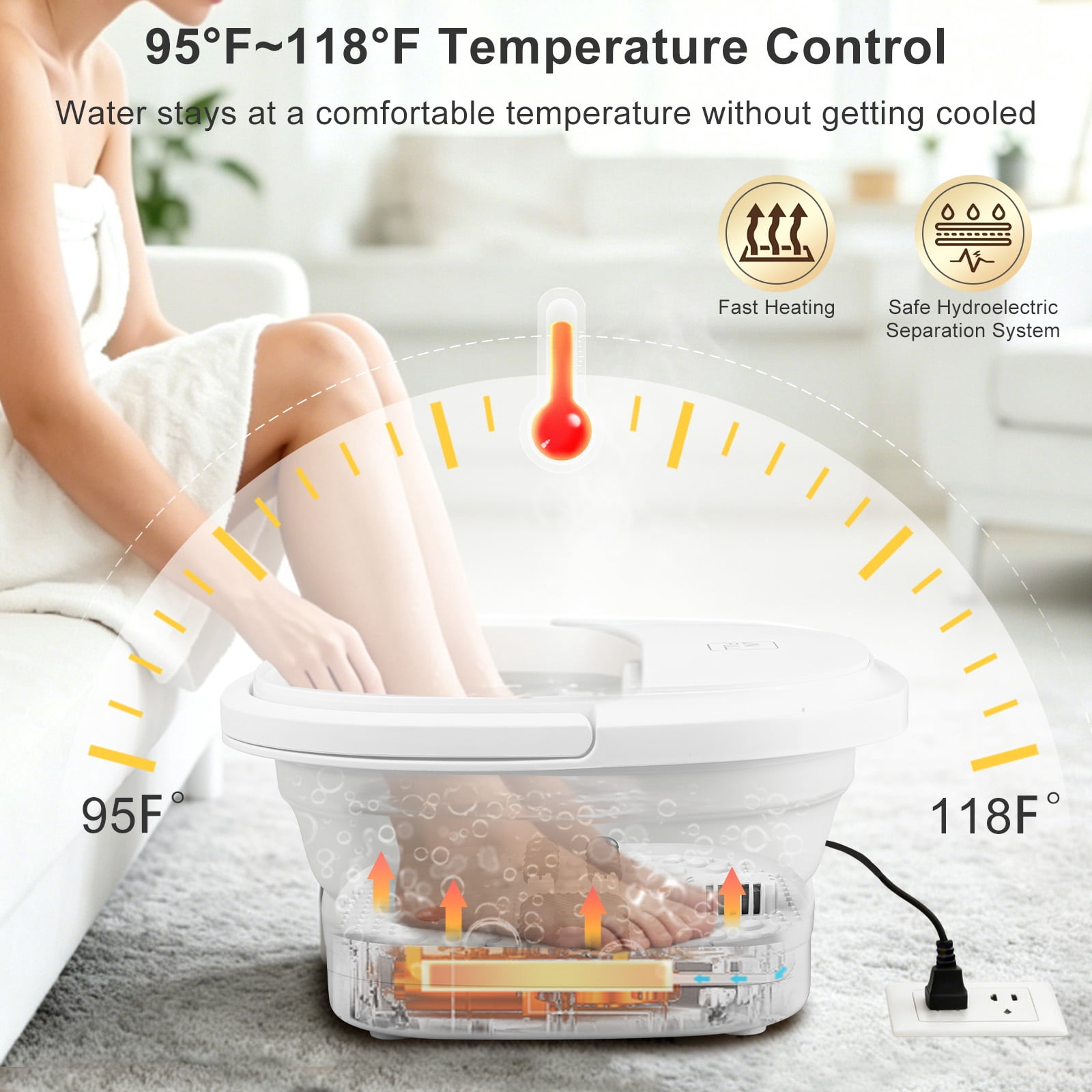 UNIFULL Foot Spa Bath with Heat and Temperature Control, Massager Roller, Bubble, Remote Control, Pedicure Kit, Red Light, Large Heating Foot Bath-White