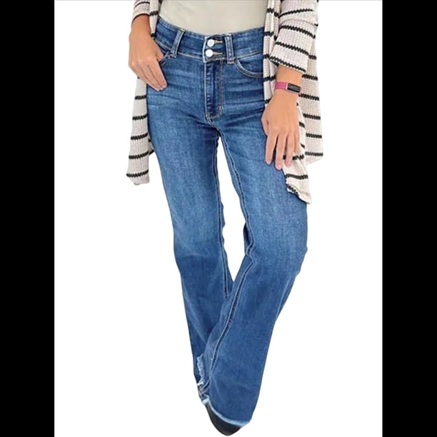 Pantalones Vaqueros Rectos para Mujer, Cintura Alta, Elásticos, Deshilachados, con Dobladillo Sin Rematar, Holgados, Informales. Azul Medio XXXL