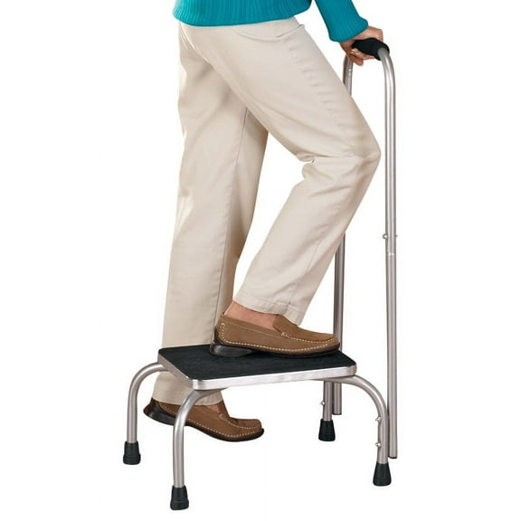 Step Stool with Tall Handle, Steel, Rubberized Platform, 16” Long x 12” Wide x 34” High