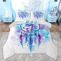 Homewish Mystic Tribal Wolf Full Size Comforter Sets for Kid, Western Dream Catcher Bedding Comforter Set, Fashion Watercolor Reversible Bedding Sets, Super Cozy Room Decor, 3 Pieces