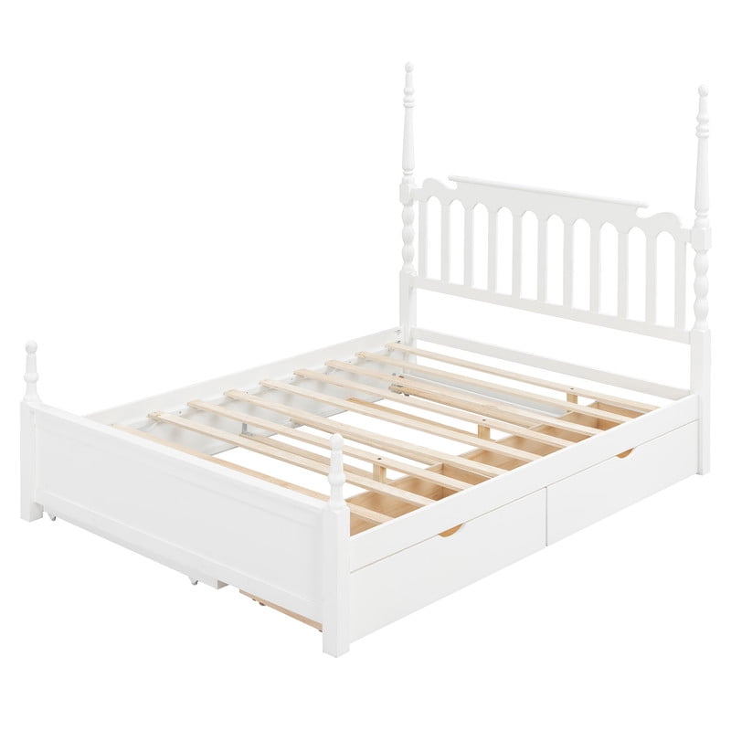 Queen Size Platform Bed with Twin XL Trundle and 2 Storage Drawers, Wooden Bed Frame with Vintage Spindle Headboard & Footboard