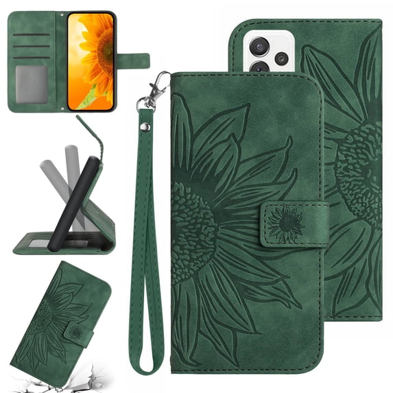 Feishell Slim Wallet Case for Samsung Galaxy A73 5G,for Men Women,Sunflower Embossed Pattern PU Leather Flip Cover Magnetic Closure Folio Card Slots Kickstand Phone Case with Hand Strap,Green