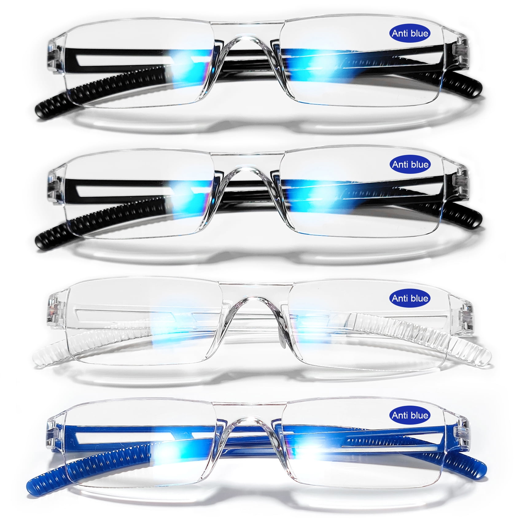 WEMOOTANTS 4 Pairs Frameless Reading Glasses Women Men Narrow Blue Light Blocking Readers 1.5 (2*Black+Blue+Clear)