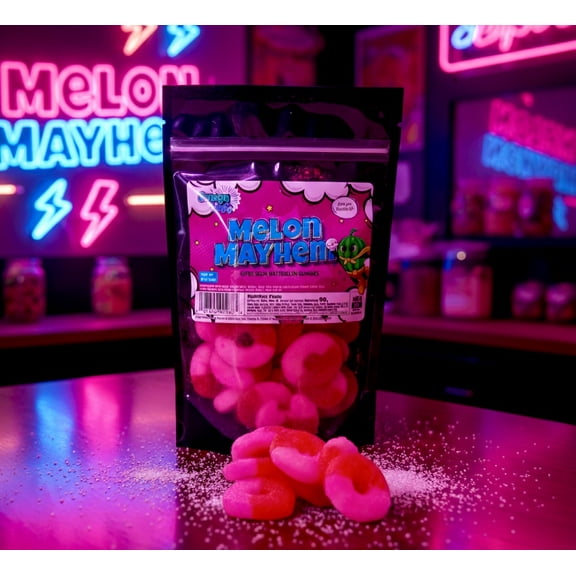 Omega Bursts Melon Mayhem – Super Sour Watermelon Gummy Rings Candy – 6 oz Resealable Bag