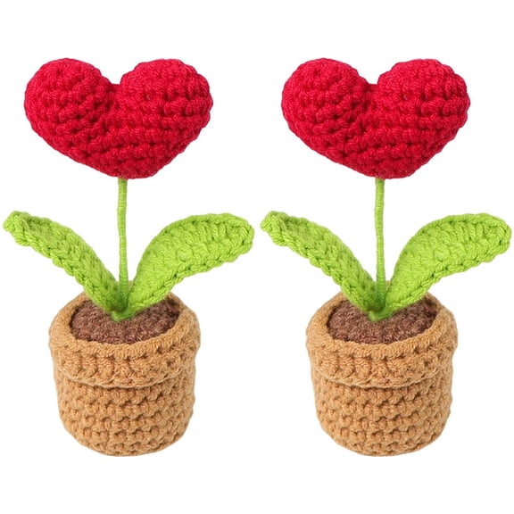 Jiibva 2 Pcs Crochet Heart Flowers Potted Plants, Knitting Flowers Heart Artificial Handmade Flowers Potted Plants for Birthday Office Home Decor