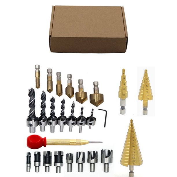 BAMILL 26 Pieces Woodworking Drill Set, 3 Pieces Step Tapered Bit Set