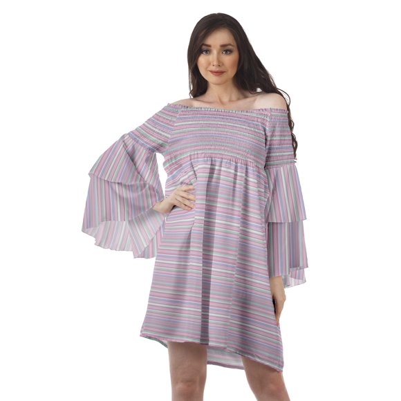 Moomaya Robe de Plage à Épaules Dénudées pour Femmes Rose Pâle2 Robe de Vacances en Coton avec Manches Évasées - I2