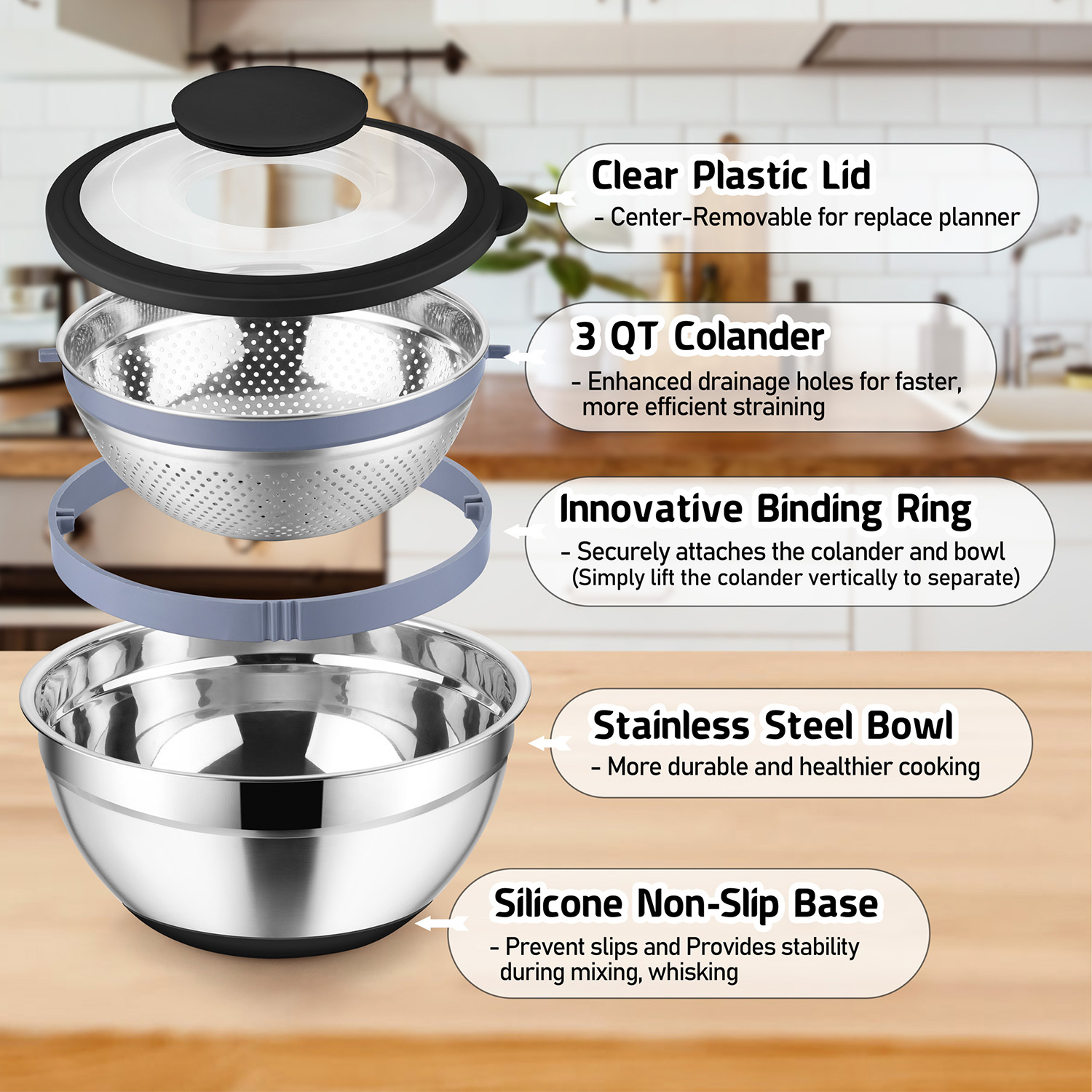 Vesteel 4-in-1 Colander and Mixing Bowl Set, Black photo 5