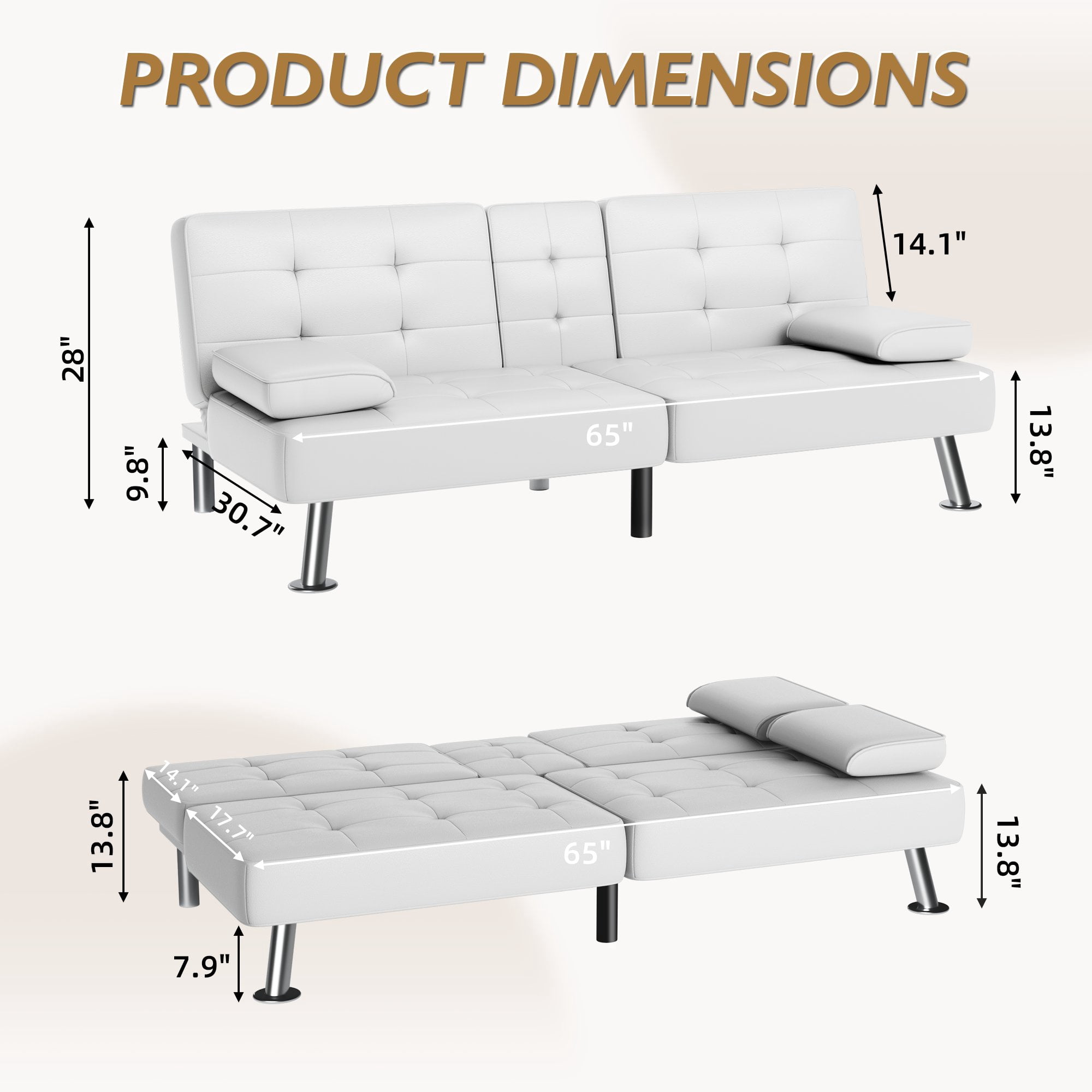 Vineego Modern Faux Leather Couch Convertible Folding Futon Sofa Bed with 2 Cup Holders,White