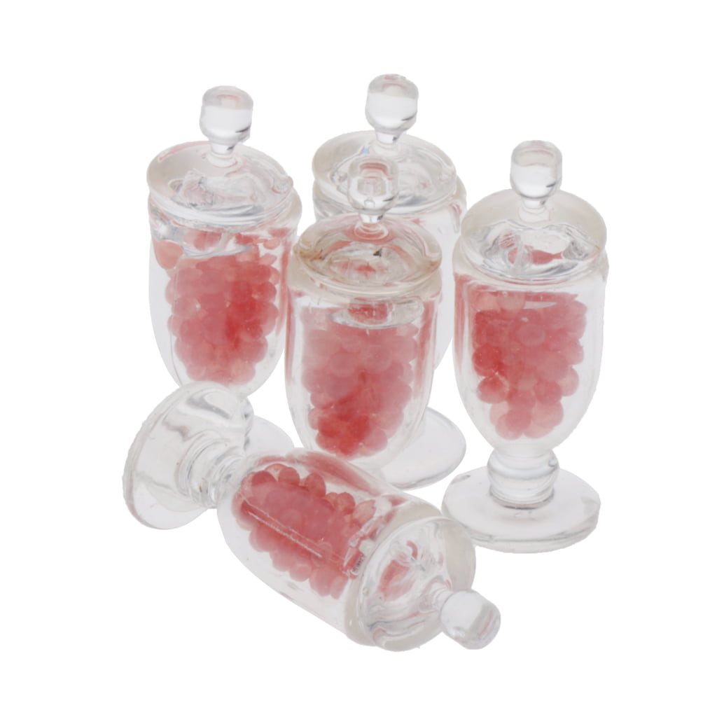 5Pcs Miniature Dollhouse Candy in Clear Jars Mini Bottles for 1:12 Dark Red 