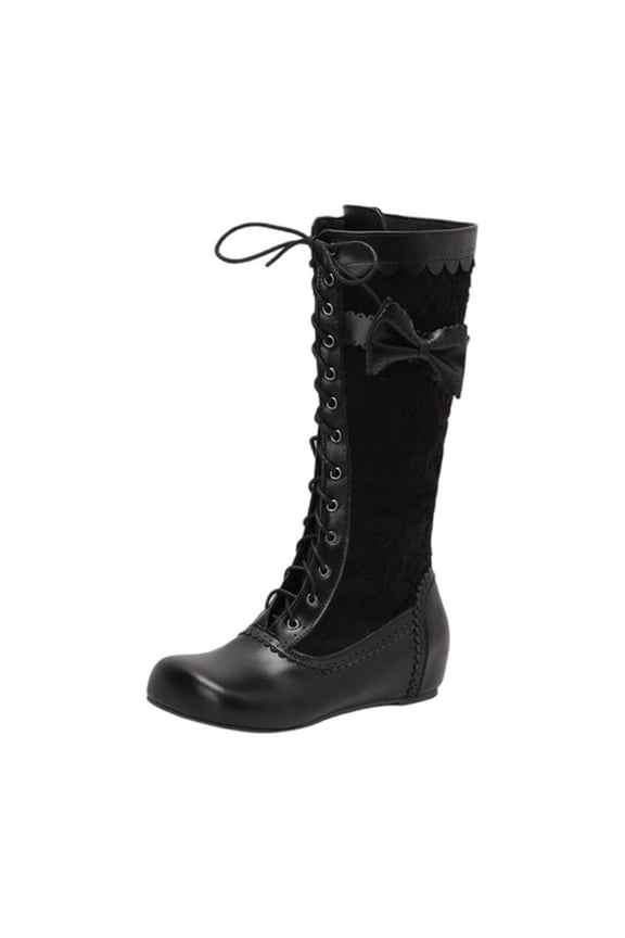 Womens Lace up Knee High Boots Flat Round Toe Bow Decor Side Zipper Faux Leather Casual Winter Boots Black