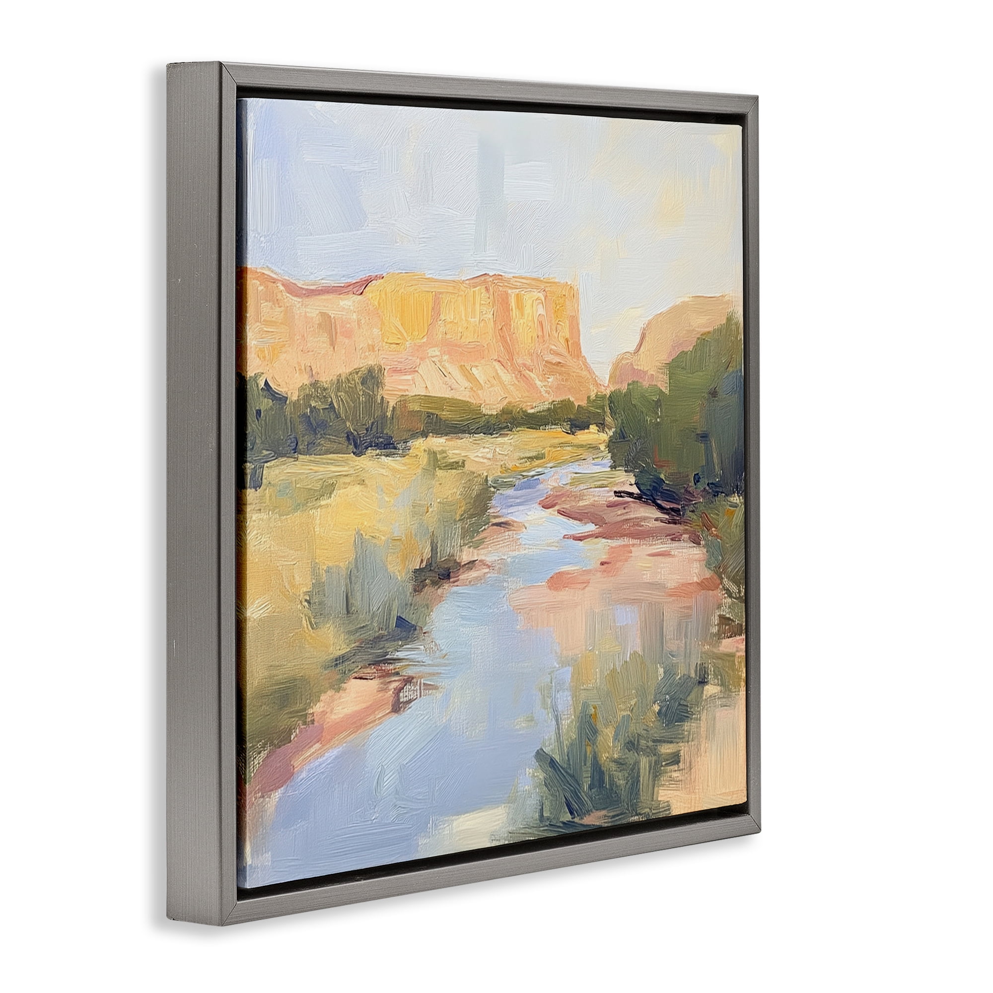 Stupell Industries Painted Plateau River Reflection Gray Framed Floater Canvas Wall Art, design by Petal Prints Design