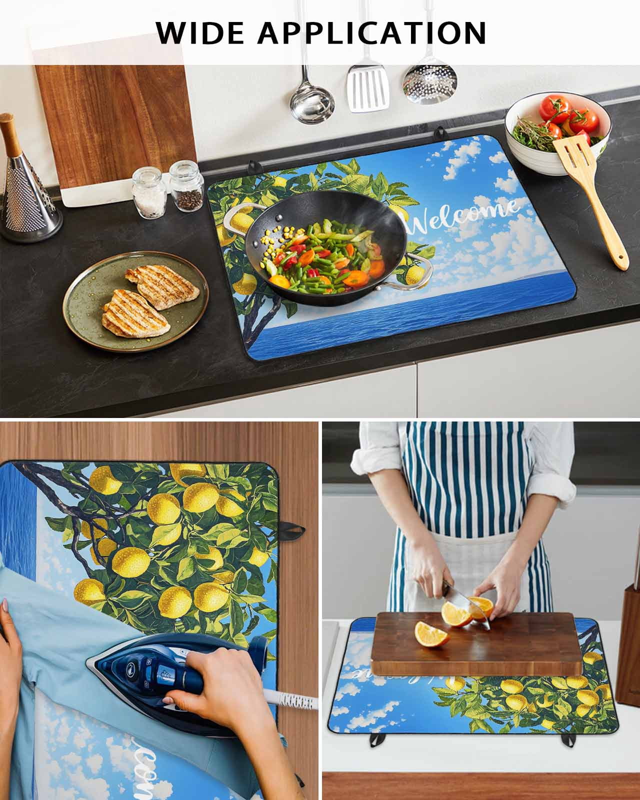 nqOlkjepod Large Induction Cooktop Protector Mat 36"x21", Coastal Lemon Stove Top Covers for Electric Stove, Summer Ocean Sea Yellow Fruits Leaf Tree Stove Burner Cover Mats, Glass Top Stove Cover