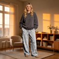 thumbnail image 4 of Sorvello Womens Home Casual Pajama Pants Lips Heart Print Plush Wide Leg Sleep Pants Elastic Drawstring Gray 3XL, 4 of 6
