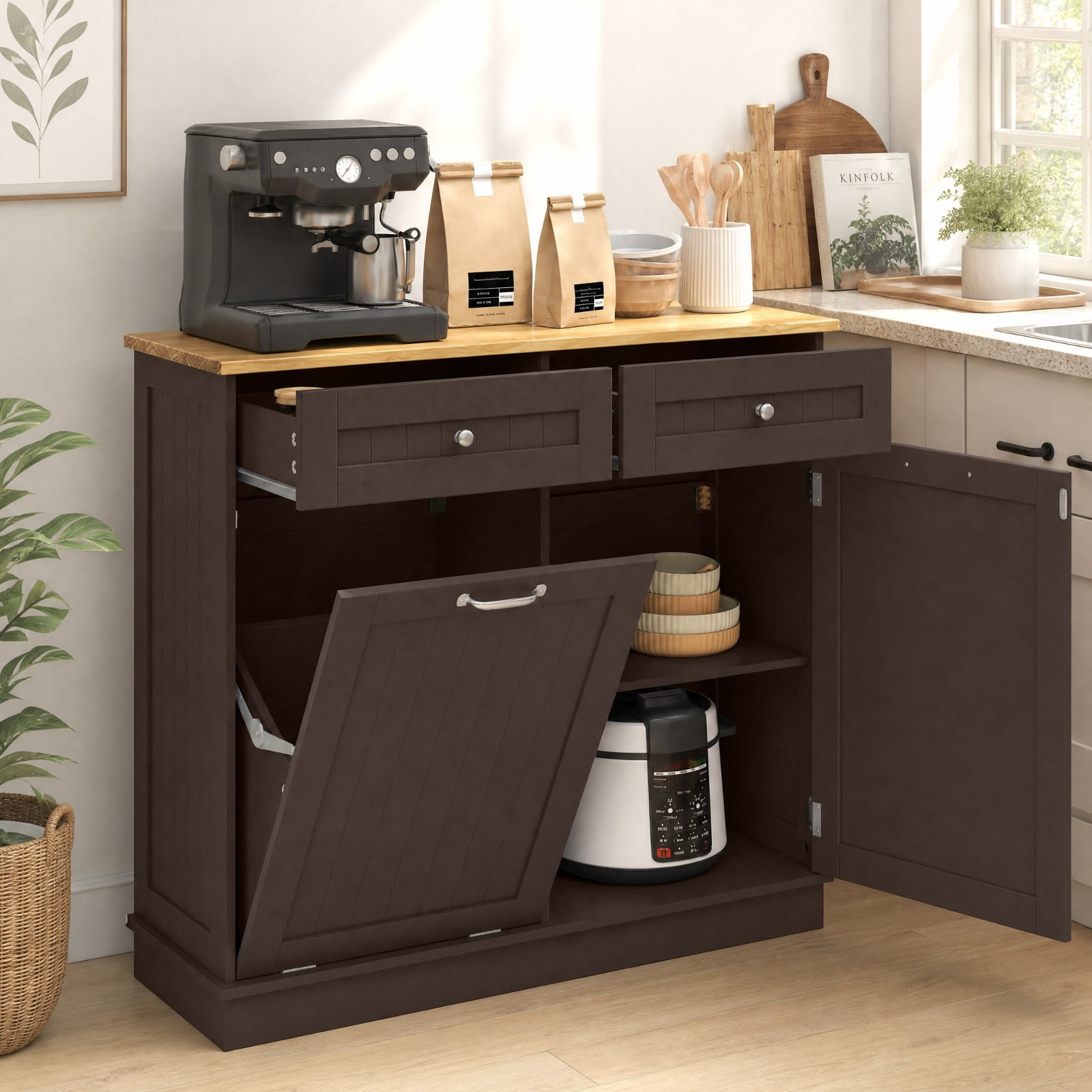 Furnibear Kitchen Tilt Out Trash Cabinet with 2 Drawers Wood Top and Adjustable Shelf Hidden Storage for Kitchen and Dining Room, Rustic Brown