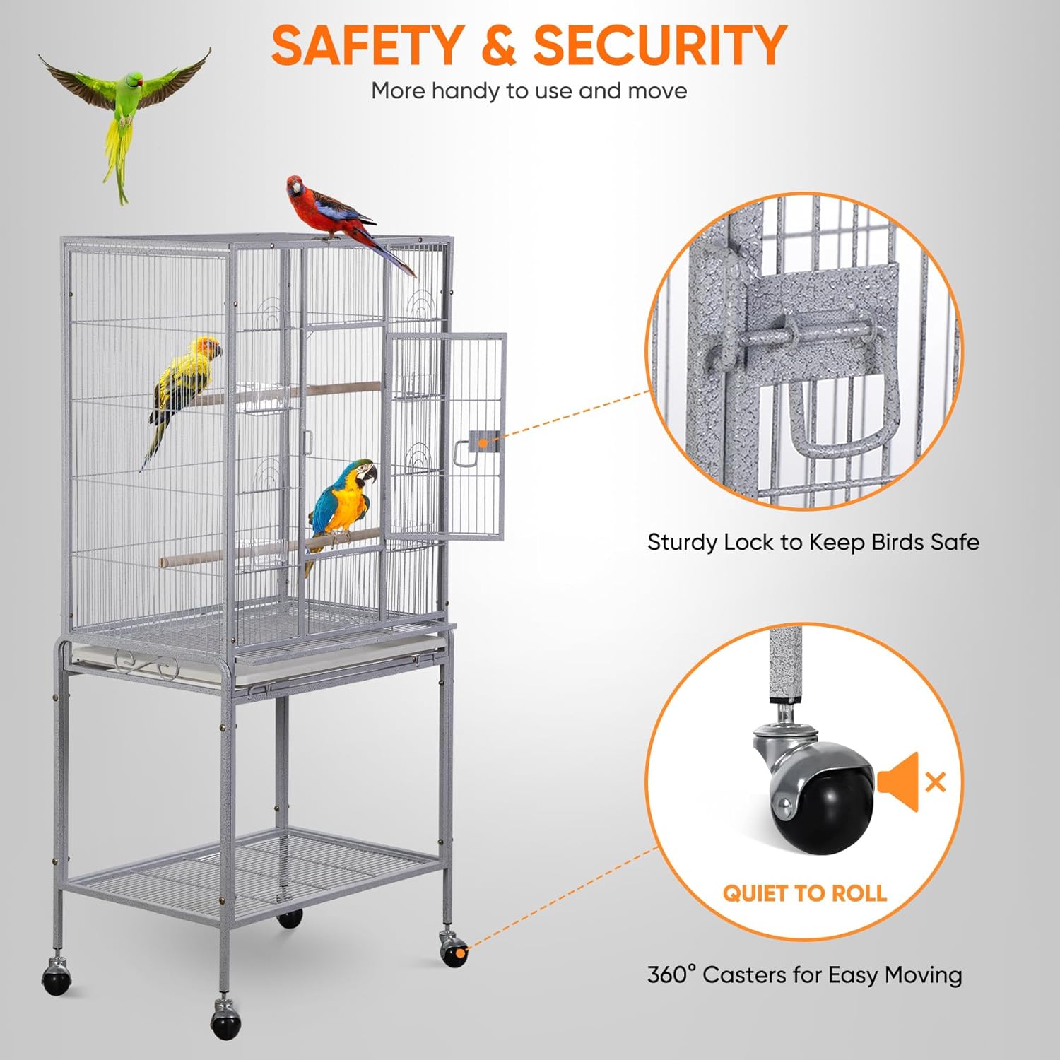 53-Inch Rolling Bird Cage, Wrought Iron Large Cage with Stand and Storage Shelf for Parrots, Cockatiels, Parakeets, and Macaws (White)