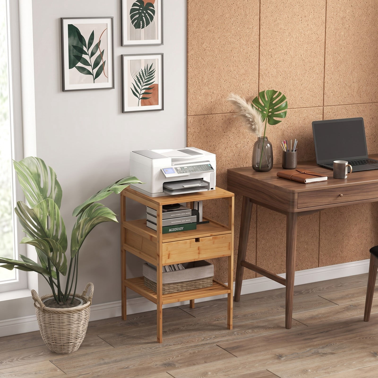 Furnibear Bamboo Nightstand with Storage Drawer and Slatted Open Shelf for Bedroom Living Room and Study Room, Wood Bedside Table, Natural