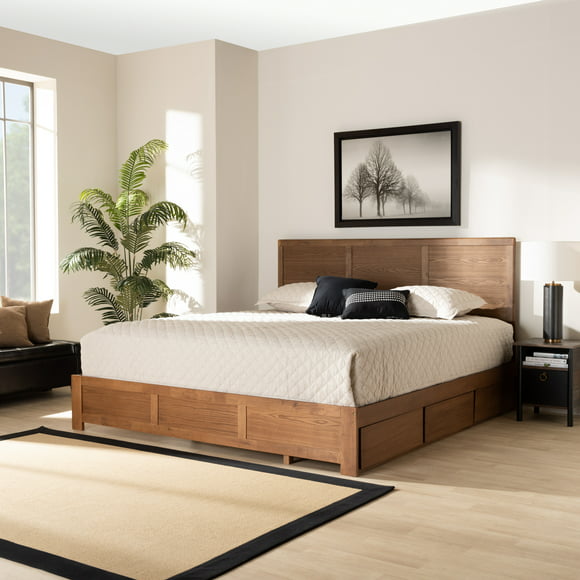 Baxton Studio Aras Contemporary/Modern Wood Storage Platform Bed, King, Ash Walnut