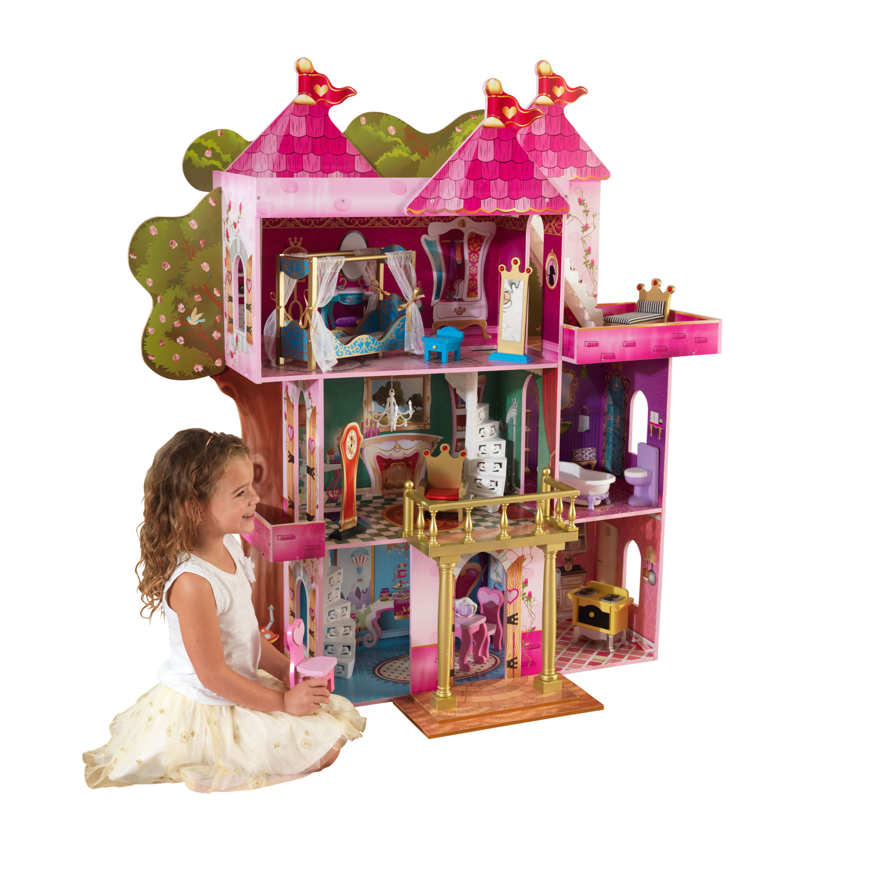 KidKraft Storybook Mansion Three-Story Wooden Dollhouse with 14 Pieces, for  12-inch Dolls