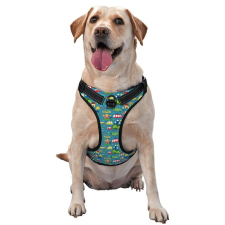 Vsdgher Cars Transportation Pattern Dog Harness No Pull Pet Harness with Soft Padded Handle Adjustable Reflective Vest with 2 Buckles 4 Slide Buckles S-XL Medium