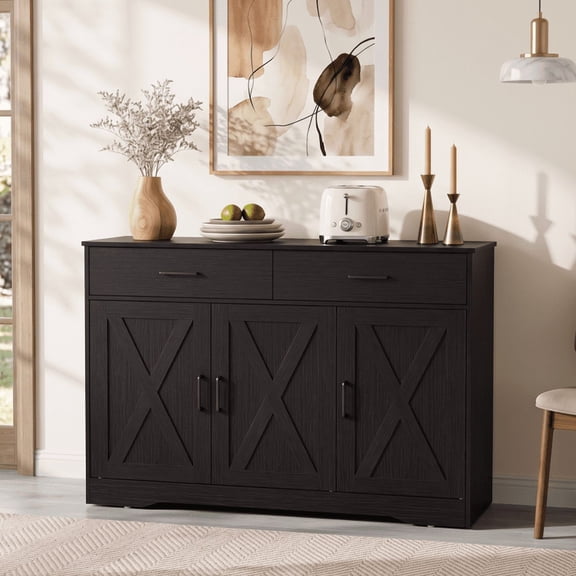 Lacoo Farmhouse Sideboard Buffet Cabinet with 2 Drawers and 3 Doors, Kitchen Storage Cabinet with Adjustable Shelf, Coffee Bar Cabinet for Dining Room and Living Room, Black