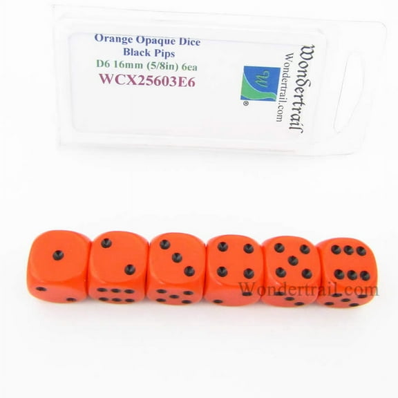 Orange Opaque Dice with Black Pips D6 16mm (5/8in) Pack of 6 Wondertrail