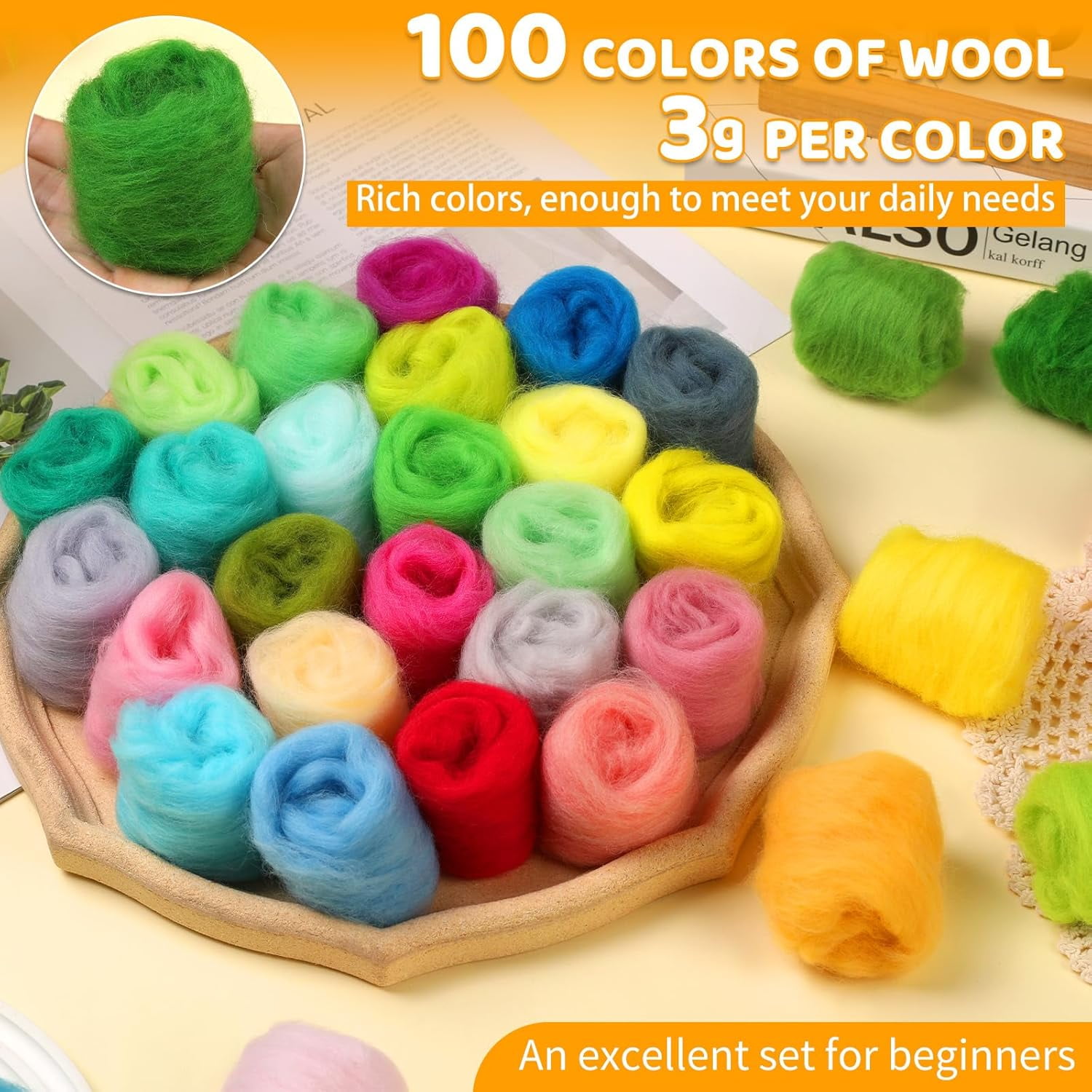100 Colors Needle Felting Wool, Wool Roving 3g per Color, 10.5 oz Total, Premium Felting Wool for DIY Craft, Fiber Art and Hand Spinning, Needle Felting Supplies, Felting Kit